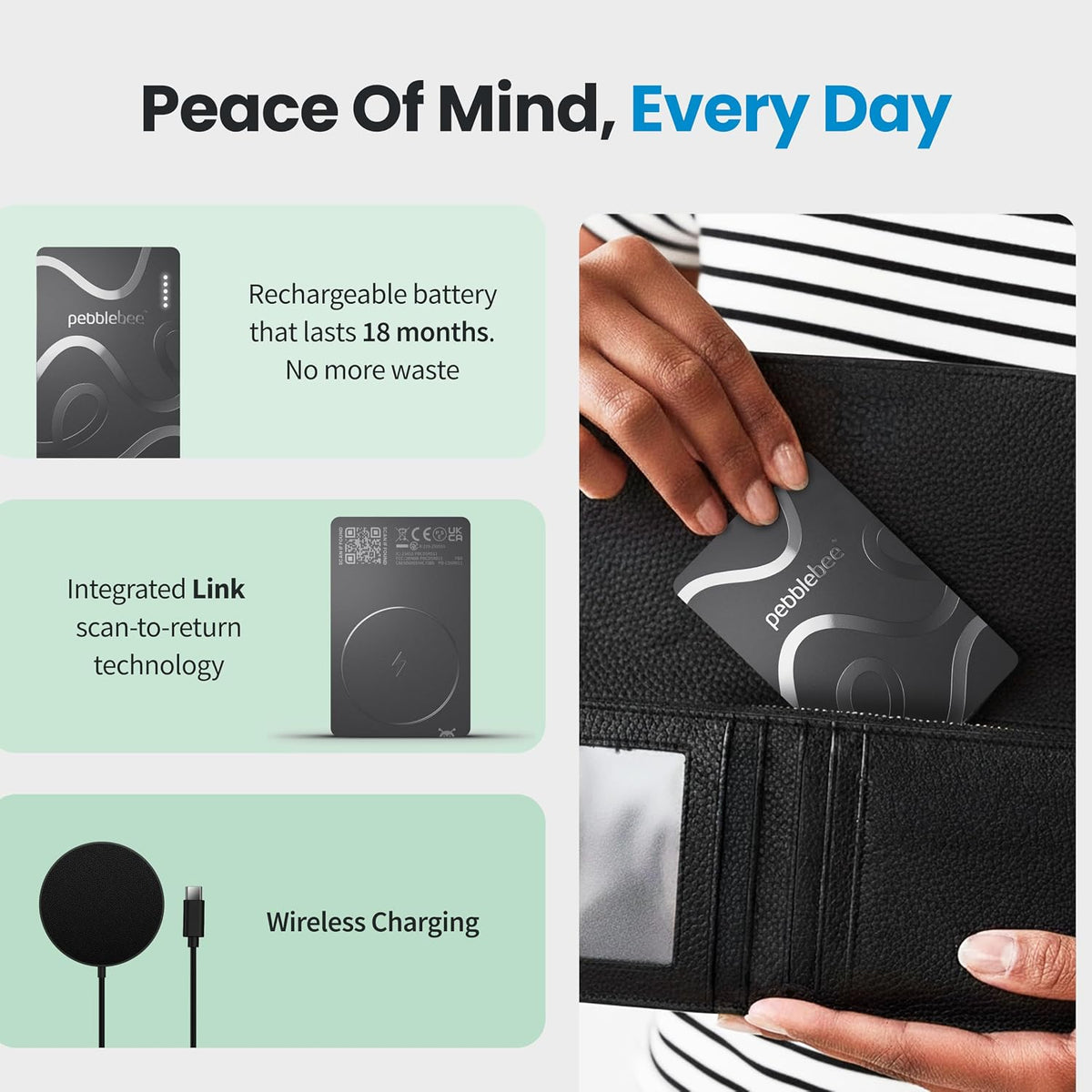 Pebblebee Card 5, Bluetooth Wallet Tracker | Alt to Air Tag, 18-Mo Battery